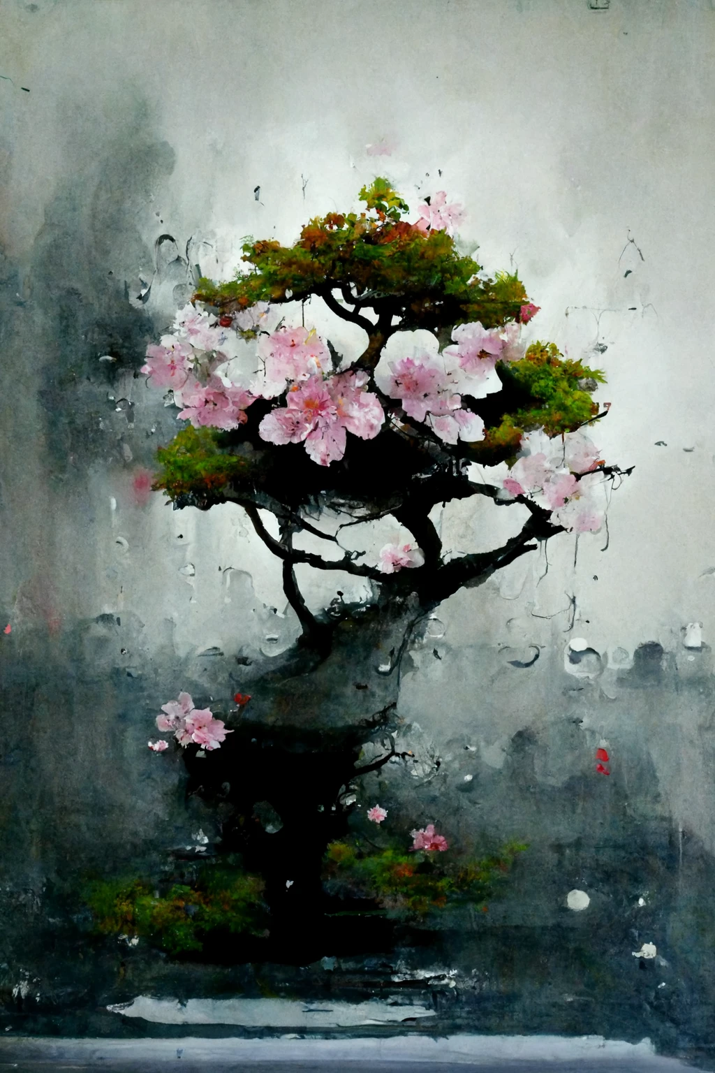 [Midjourney] Cherry Blossoms Japanese Bonsai Insanity Abstract rain [Realistic]