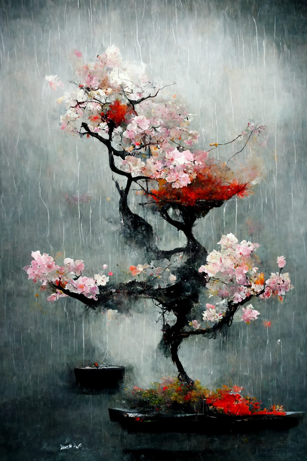 [Midjourney] Cherry Blossoms Japanese Bonsai Insanity Abstract rain [Realistic]