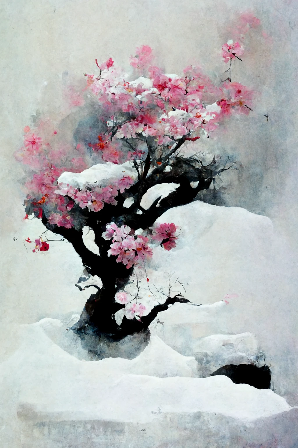 [Midjourney] Cherry Blossoms Japanese Bonsai Insanity Abstract Snow [Realistic]