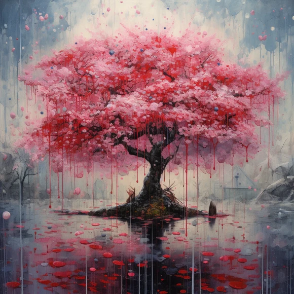 [Midjourney] Cherry Blossoms Japanese Bonsai Insanity Abstract rain [Realistic]