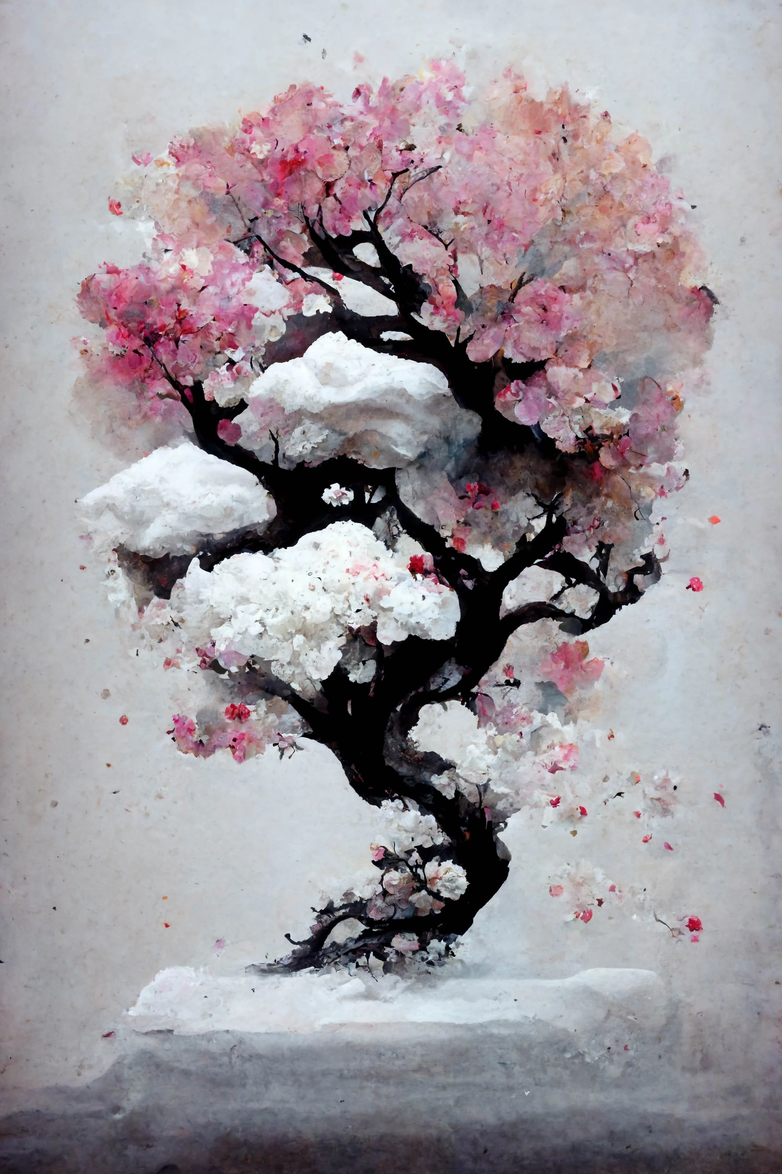 [Midjourney] Cherry Blossoms Japanese Bonsai Insanity Abstract Snow [Realistic]