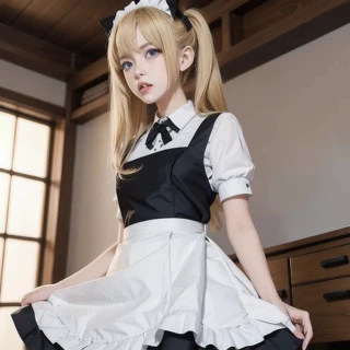 [Stable Diffusion] twin tails from below beautiful girl angry Masterpiece maid outfit maid apron Stern Expression [Realistic]