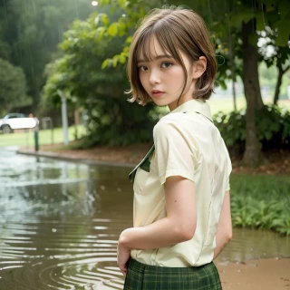 [Stable Diffusion] short hair curly hair thin from behind Cute Face school uniform Wet body rain forest [Realistic]
