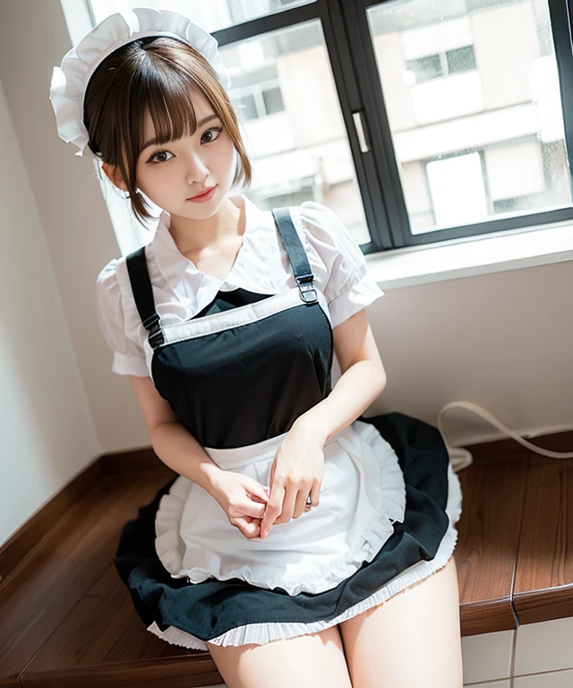 [Stable Diffusion] short hair beautiful girl Masterpiece looking up maid outfit maid apron [Realistic]