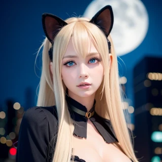 long hair, cat ears, some pose, Masterpiece, Looking at Viewer, night, Upper Body