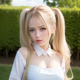 long hair, twin tails, bun hairstyle, some pose, Outdoor, Masterpiece, Cute Face, embarrassed, cosplay, Field