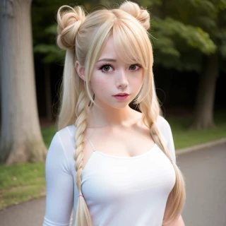 long hair, twin tails, bun hairstyle, some pose, Outdoor, Masterpiece, Cute Face, full body, cosplay, Field