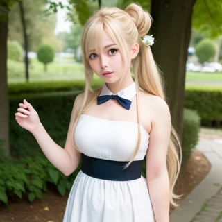 long hair, twin tails, bun hairstyle, some pose, Outdoor, Masterpiece, Cute Face, full body, cosplay, Field
