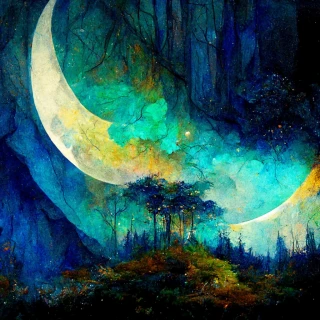 oil painting, moon, forest