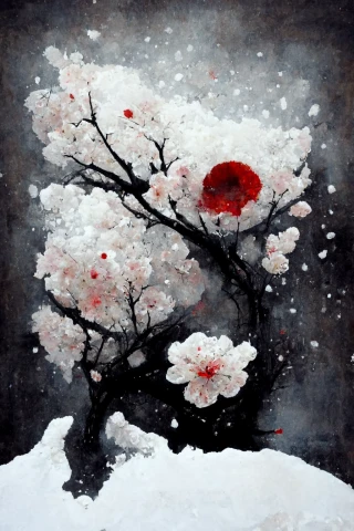 Cherry Blossoms, Japanese, Horror, Abstract, Snow