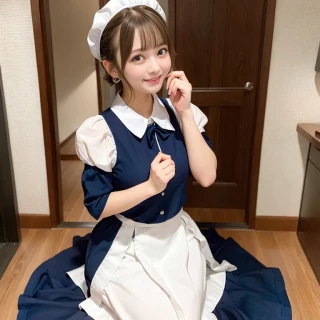 short hair, laugh, beautiful girl, maid outfit