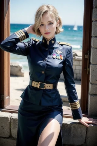 salute, short hair, wavy hair, beautiful girl, Masterpiece, military uniform, ruins