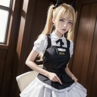 twin tails, from below, beautiful girl, angry, Masterpiece, maid outfit, maid apron, Stern Expression