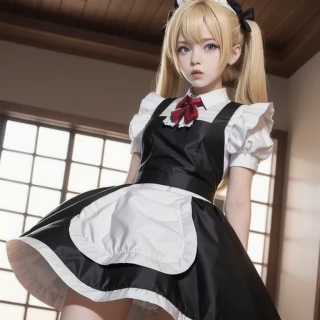 twin tails, from below, beautiful girl, angry, Masterpiece, maid outfit, maid apron, Stern Expression