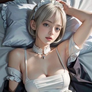 lie down, short hair, bob hair, high quality, from above, Masterpiece, Cute Face, maid outfit, On the Bed, Lying down