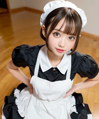 short hair, beautiful girl, Masterpiece, looking up, maid outfit, maid apron