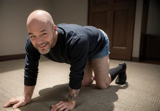 laugh, middle-aged man, Bald, On all fours