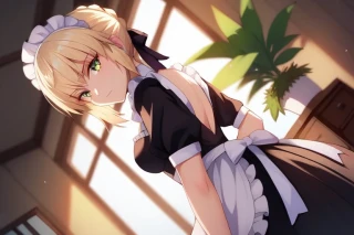 Fate Saber, Fate Saber Alter, indoors, sunlight, Looking at Viewer, maid outfit