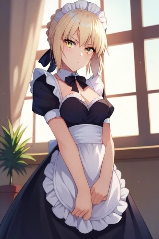 Fate Saber, Fate Saber Alter, indoors, sunlight, Looking at Viewer, maid outfit